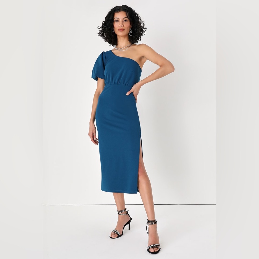 LULUS Ultimate Poise Teal Blue One-Shoulder Midi Dress NWT